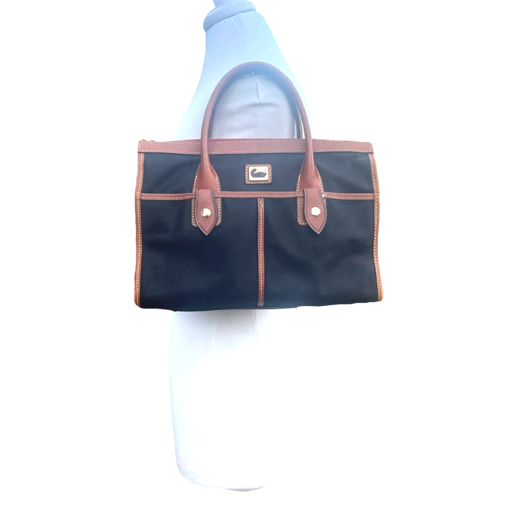 Dooney & Bourke Camden Saffiano Black Nylon Satchel w Brown Leather Trim